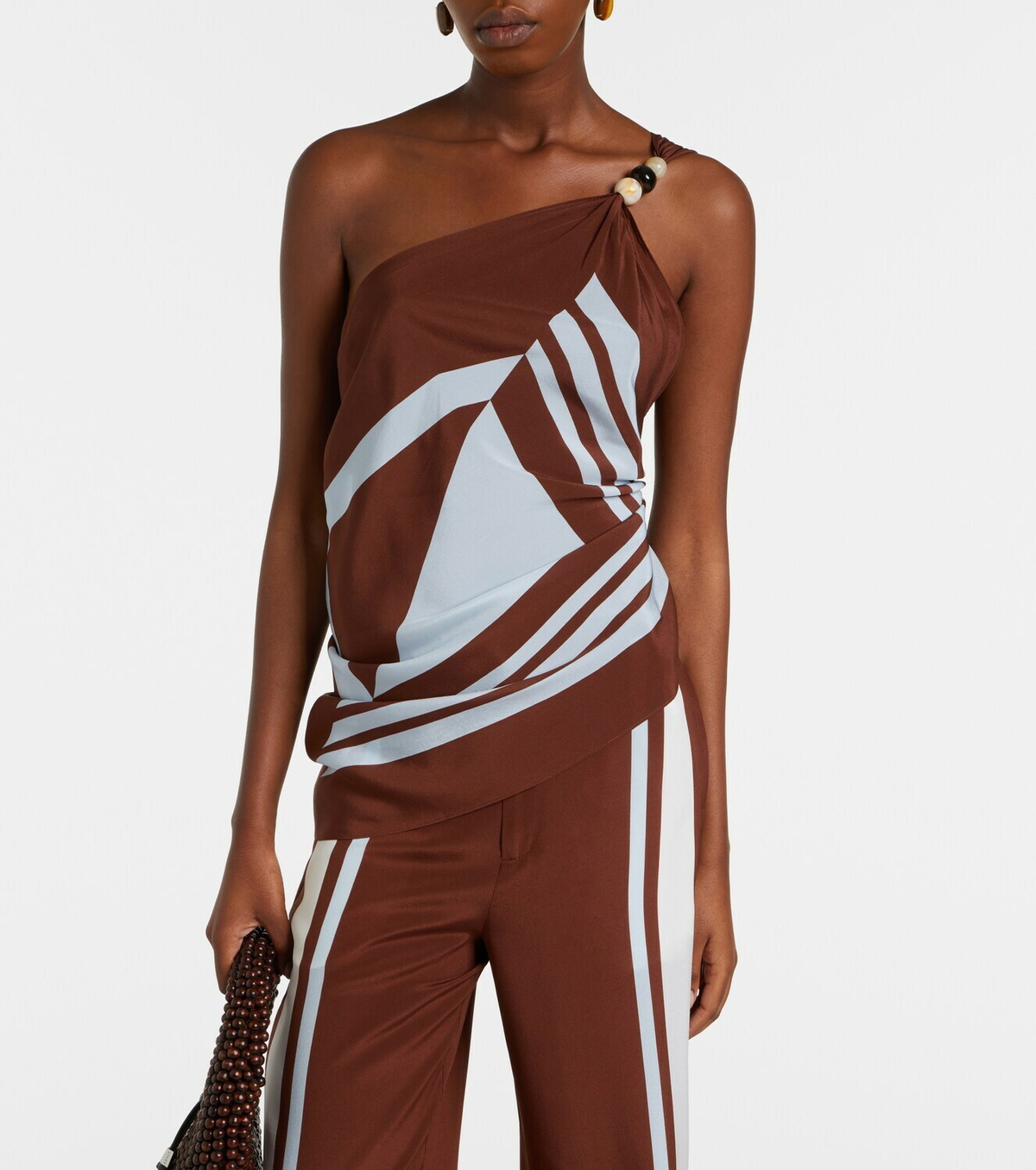 SIR Beaded one-shoulder printed silk top