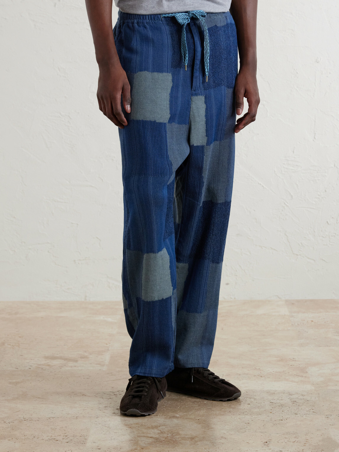 KAPITAL - Tugihagi Straight-Leg Patchwork Cotton Drawstring Trousers - Blue