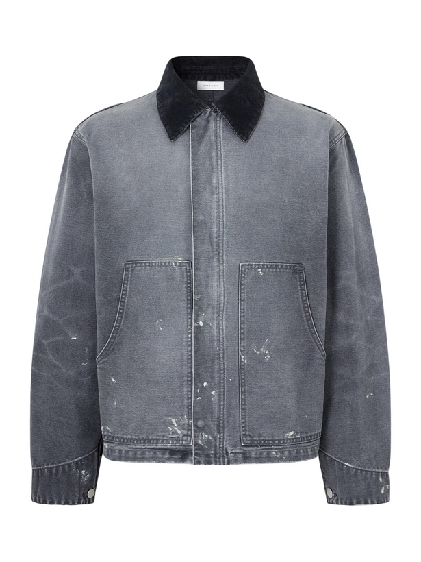 Photo: John Elliott - Corduroy-Trimmed Paint-Splattered Denim Jacket - Gray