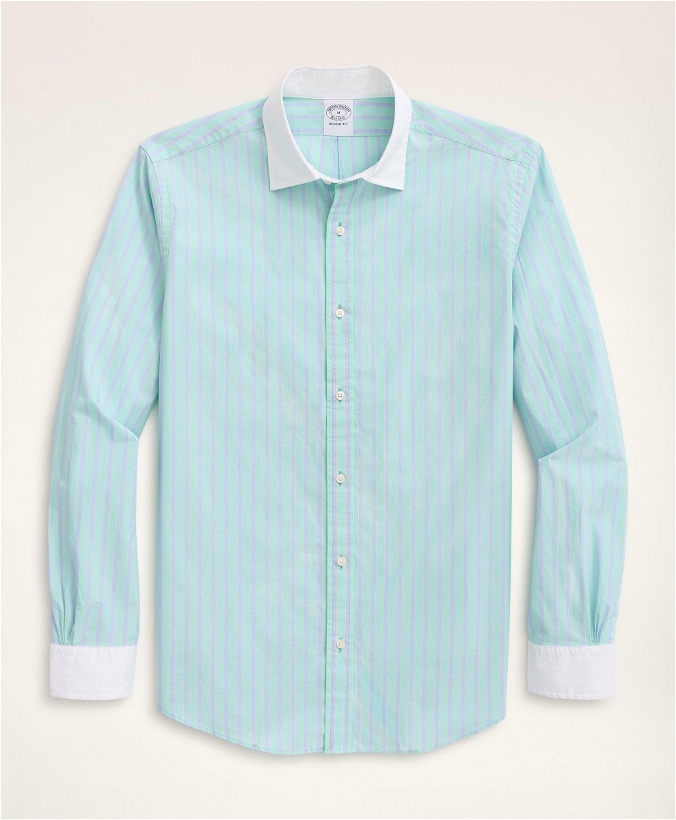 Photo: Brooks Brothers Men's Regent Regular-Fit Sport Shirt, Poplin Contrast English Collar Stripe | Green