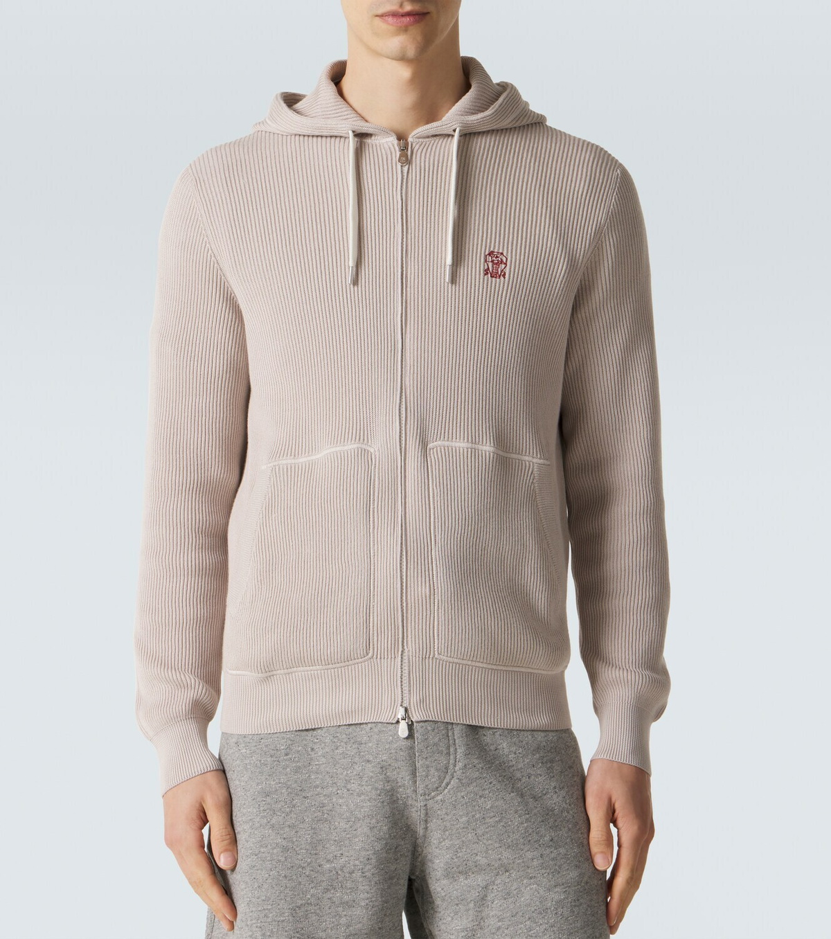Brunello Cucinelli Logo ribbed-knit cotton zip-up hoodie