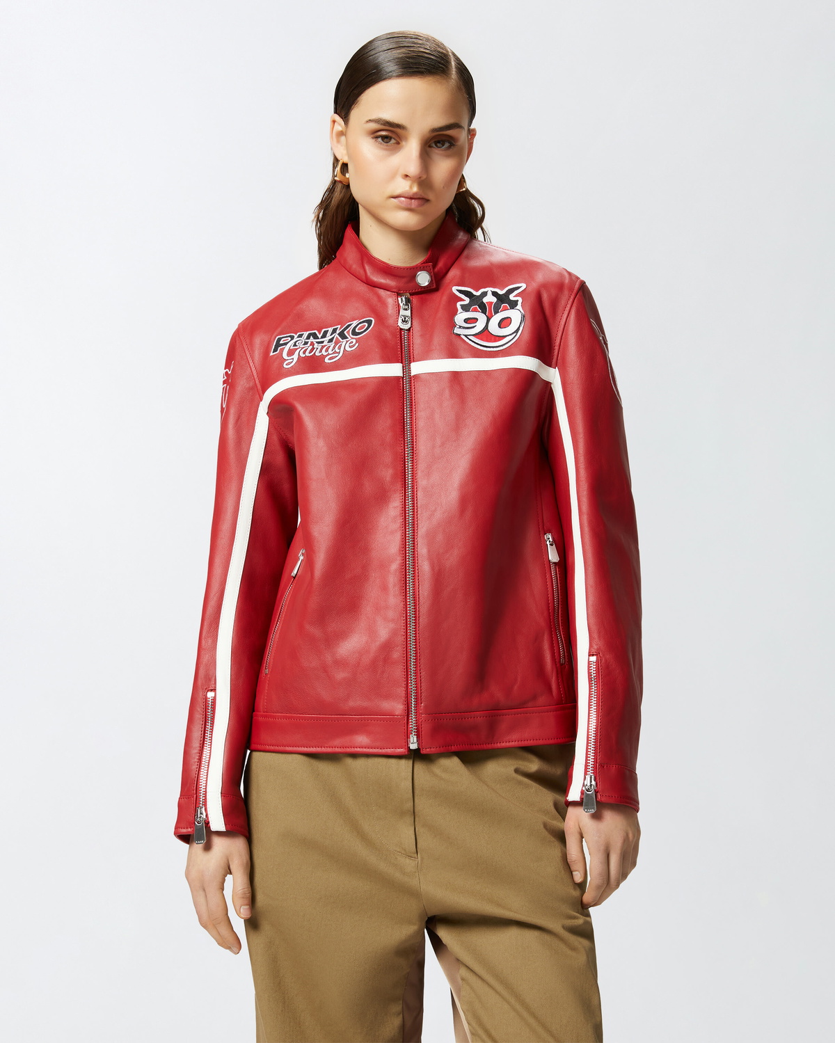 Pinko Racing Style Leather Biker Jacket Salsa Red Pinko