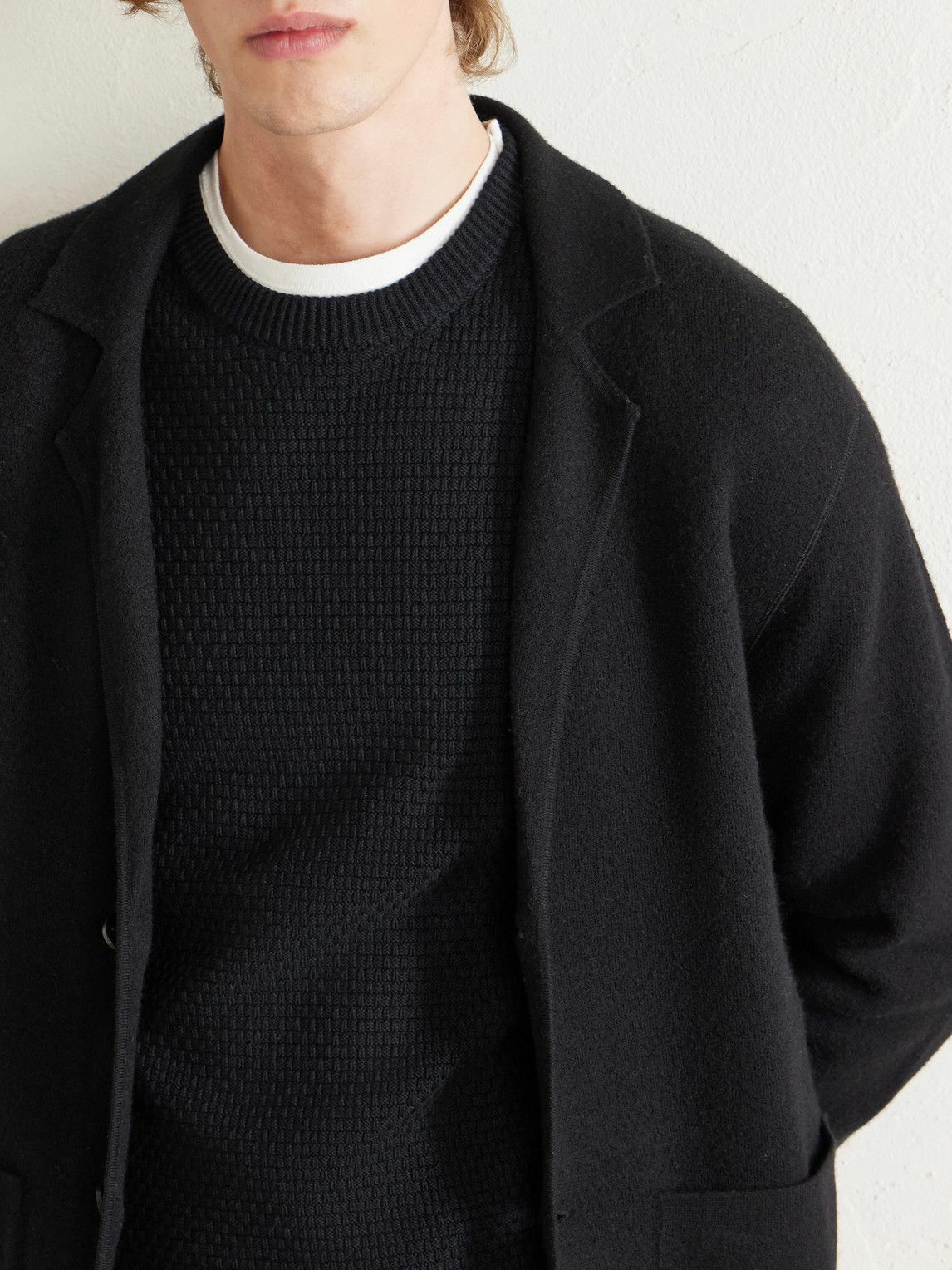Inis Meáin - Caoladóir Basketweave Textured Cotton and Cashmere-Blend Sweater - Black