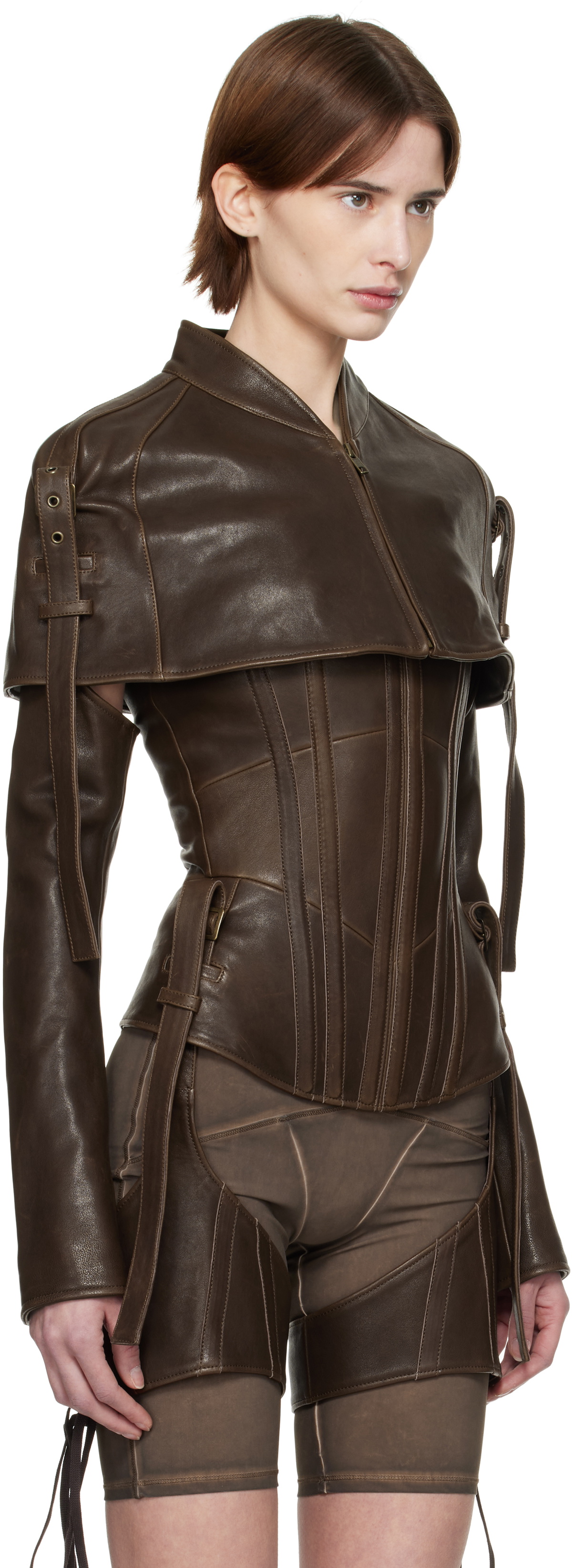 KNWLS Brown Veil Leather Cape Jacket