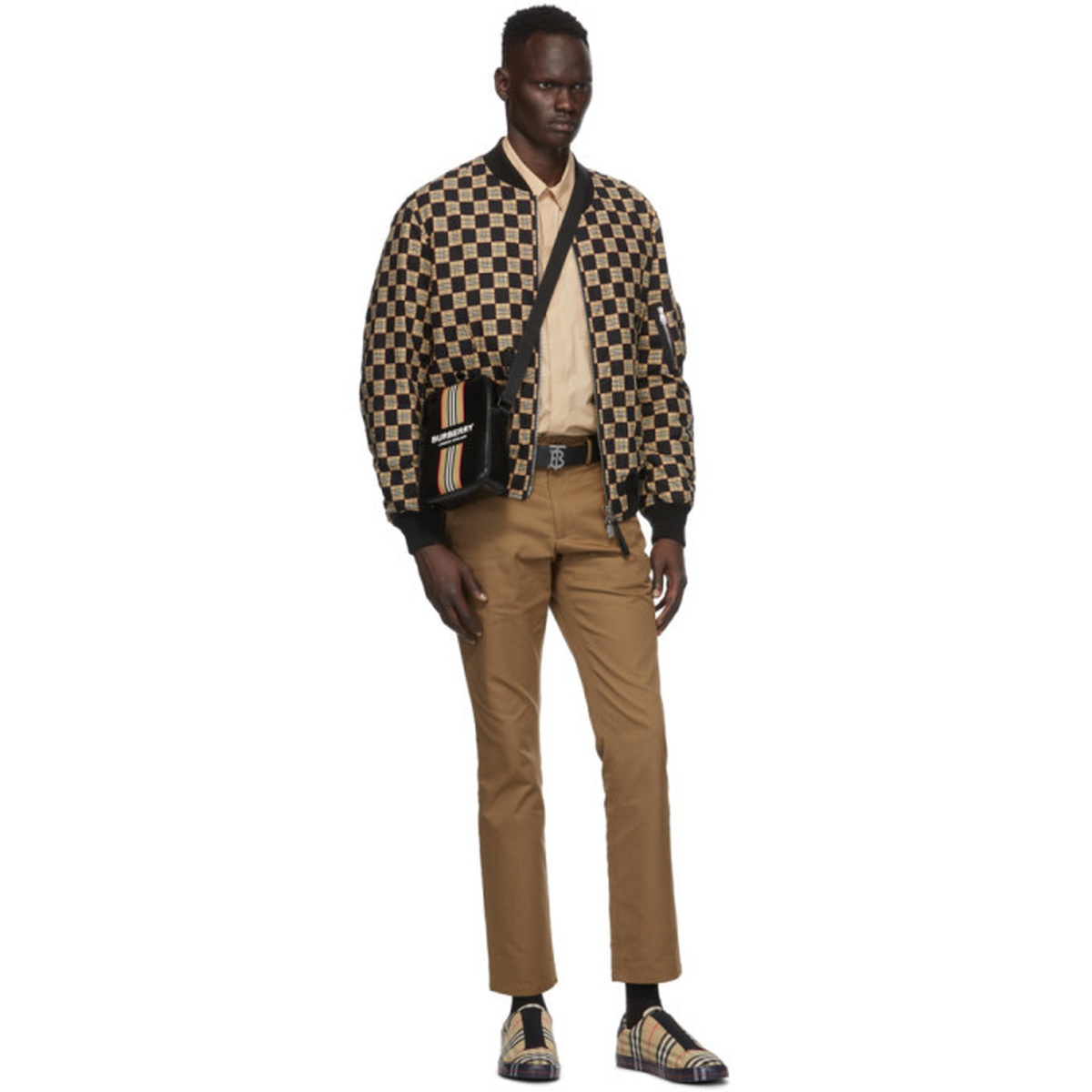 Burberry Black and Beige Checkered Brookland Bomber Jacket Burberry
