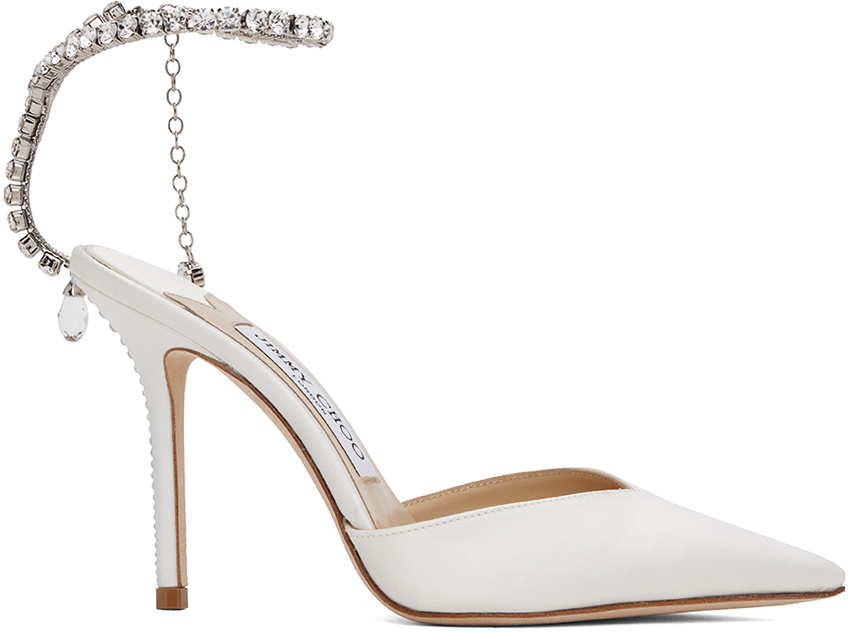 【関税込み】Jimmy Choo ホワイト＆シルバー Saeda 100 ヒール Saeda 100 | Ivory Satin Pumps with Crystal Embellishment