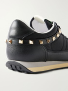 Valentino Garavani - Stud Up Embellished Leather-Trimmed Sneakers - Black