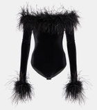 Oséree Feather-trimmed velvet bodysuit
