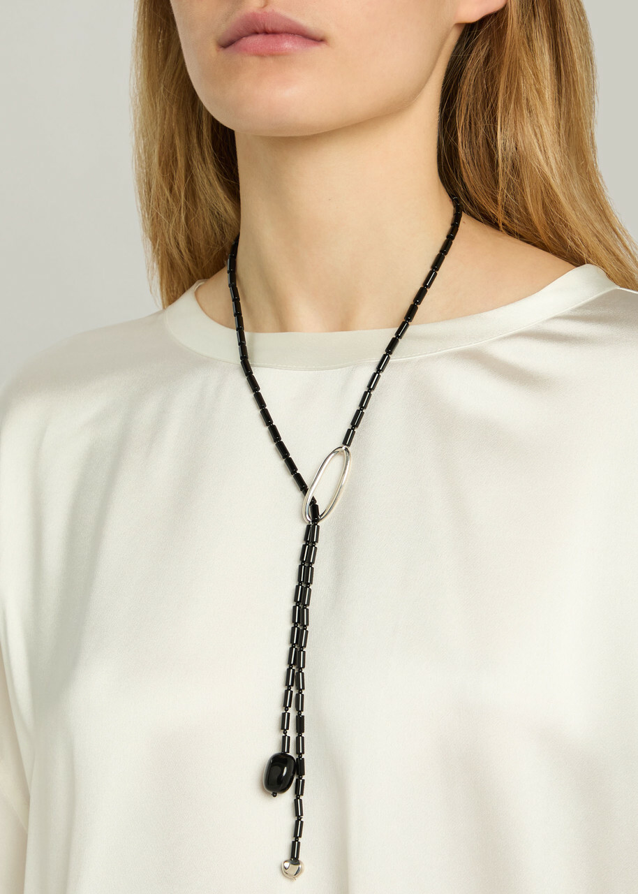 Agmes Annaya Lariat Sterling Silver Beaded Necklace - Black - One Size