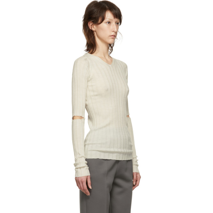 Helmut Lang White Slash Rib V-Neck Sweater Helmut Lang
