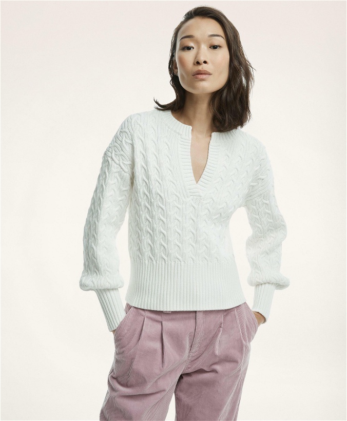 Photo: Brooks Brothers Women's Supima Cotton Split Neck Cable Knit Sweater | Cream