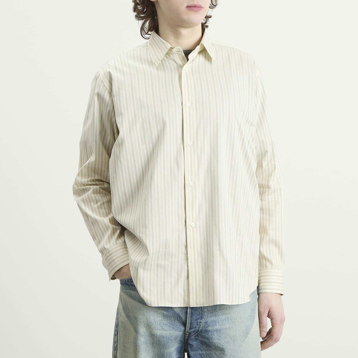 Auralee Men's Cotton Silk Stripe Shirt in Ivory Stripe Auralee