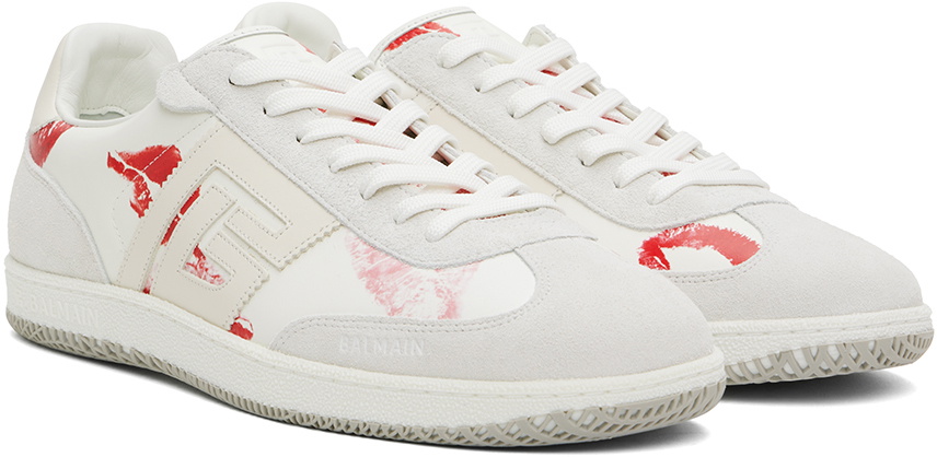 Balmain White & Gray Calfskin 'Balmain' Swan Sneakers Balmain