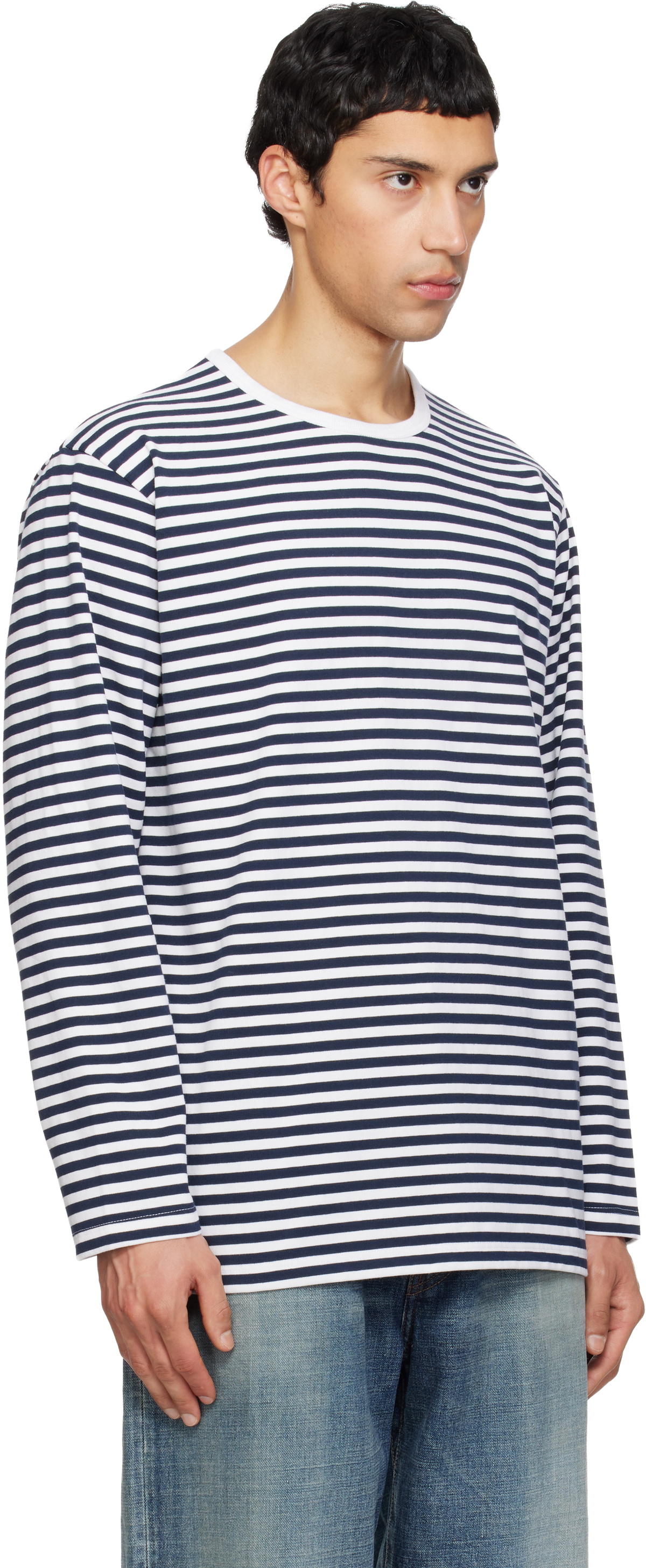 nanamica Navy & White COOLMAX Stripe Jersey L/S T-shirt