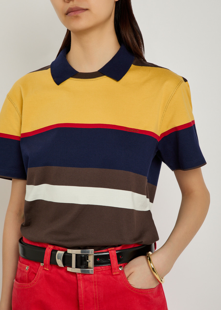 Versace Logo-embroidered Striped Cotton Polo T-shirt Brown