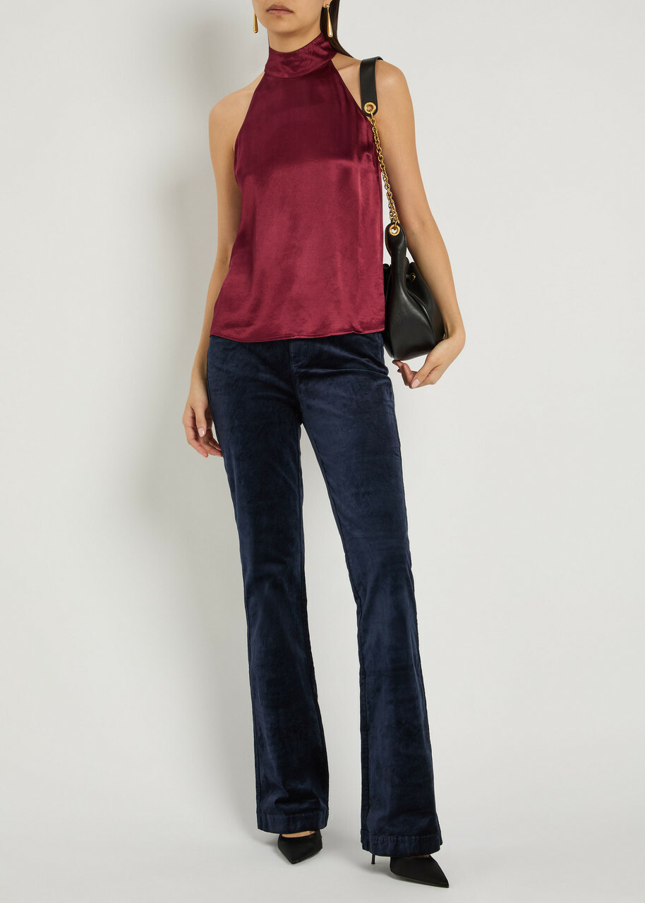 Paige Laurel Slim Flared-leg Velvet Trousers Navy