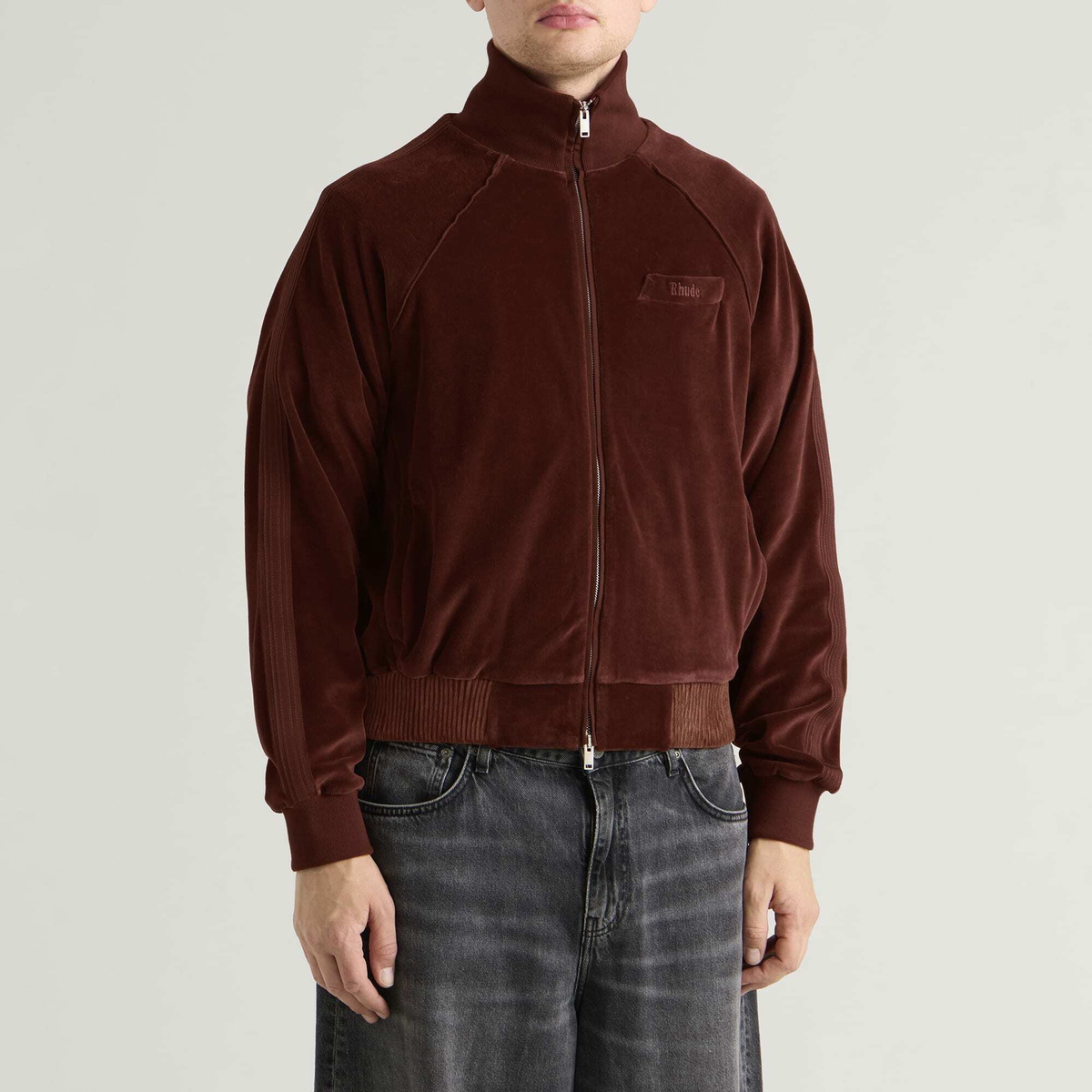 Rhude Men's Madera Velour Track Jacket in Bordeaux