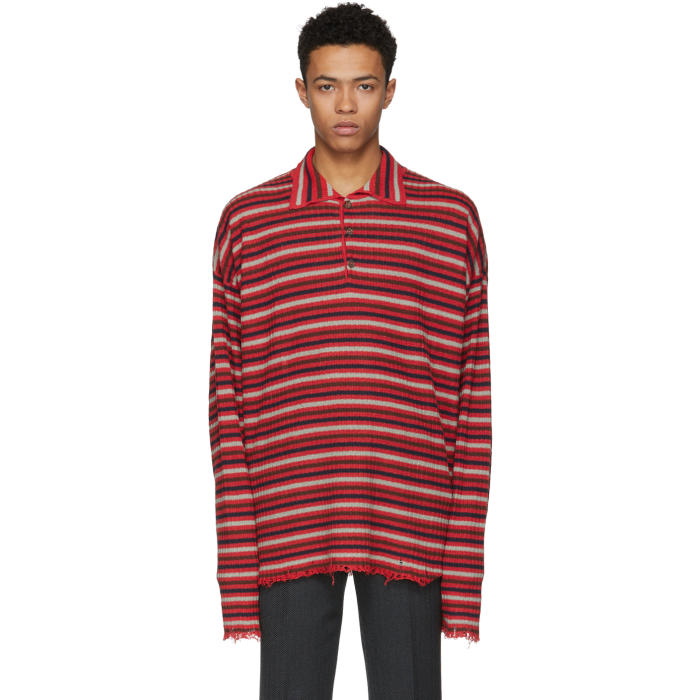 Photo: Maison Margiela Red Long Sleeve Striped Distressed Polo  