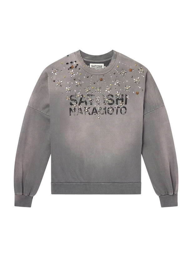 Photo: Satoshi Nakamoto - Crystal Castle Logo-Printed Embellished Distressed Cotton Sweatshirt - Gray