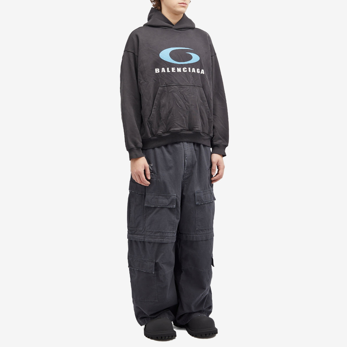 Balenciaga Men's Logo Hoodie in Washed Black/Blue