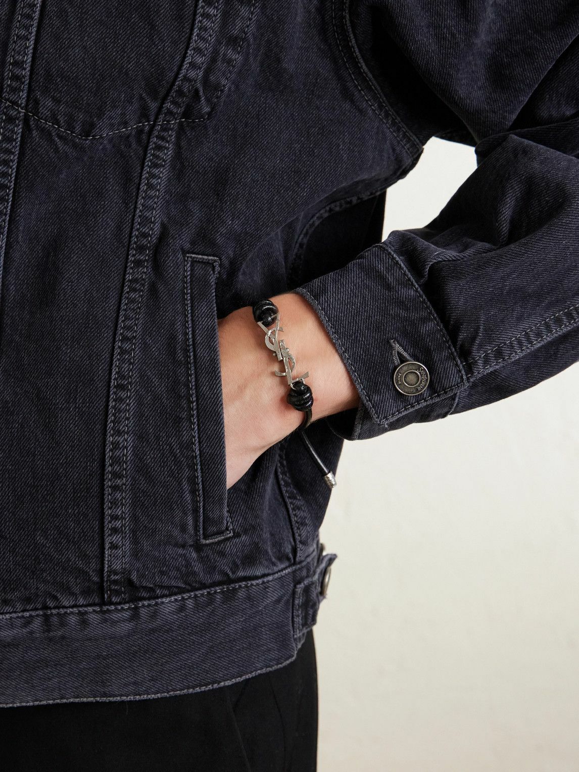 SAINT LAURENT - Silver-Tone and Leather Bracelet - Black