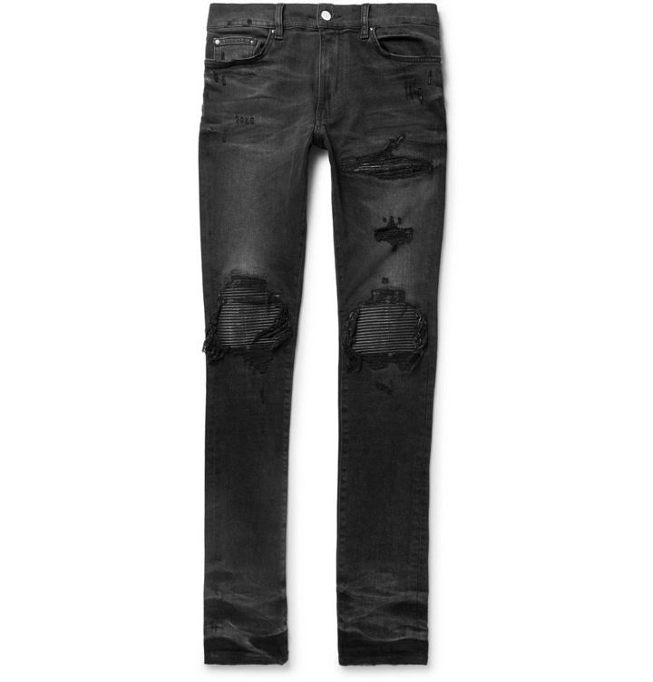 Photo: AMIRI - MX1 Skinny-Fit Leather-Panelled Distressed Stretch-Denim Jeans - Men - Black