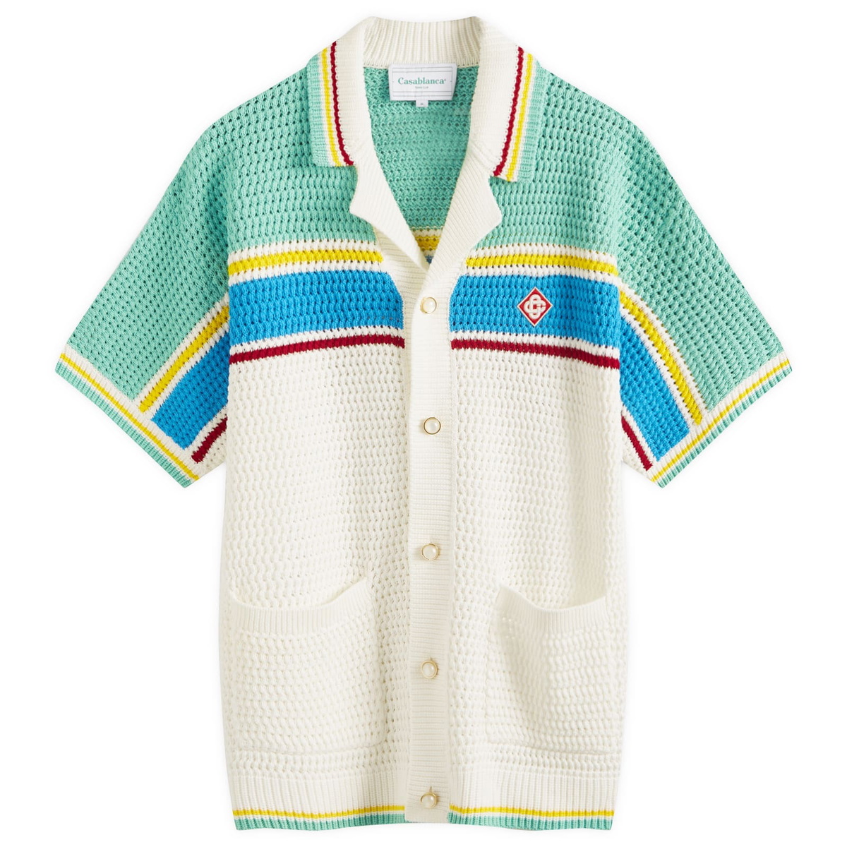 Casablanca Men's Crochet Tennis Shirt in White/Blue Multi Casablanca