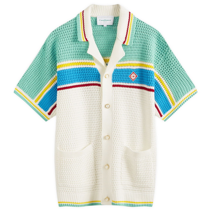 Photo: Casablanca Men's Crochet Tennis Shirt in White/Blue Multi