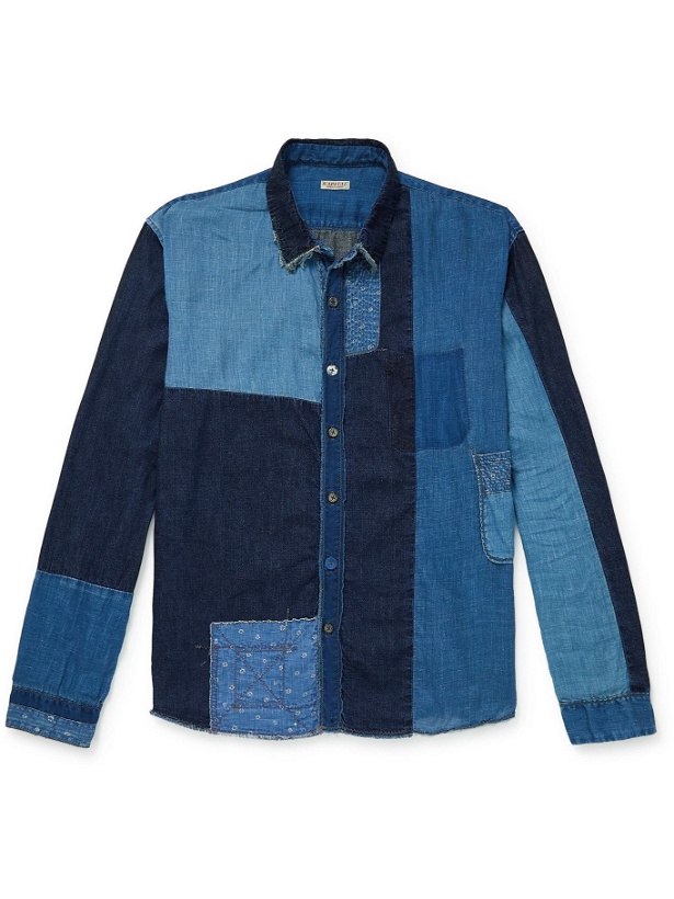 Photo: KAPITAL - Printed Patchwork Cotton and Linen-Blend Chambray Shirt - Blue