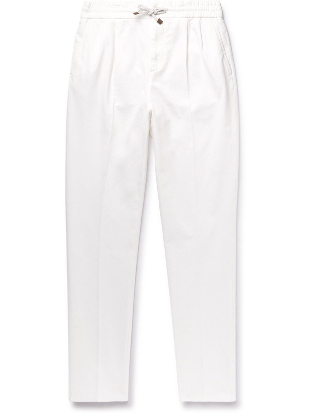 Photo: Brunello Cucinelli - Straight-Leg Cotton-Gabardine Drawstring Trousers - White