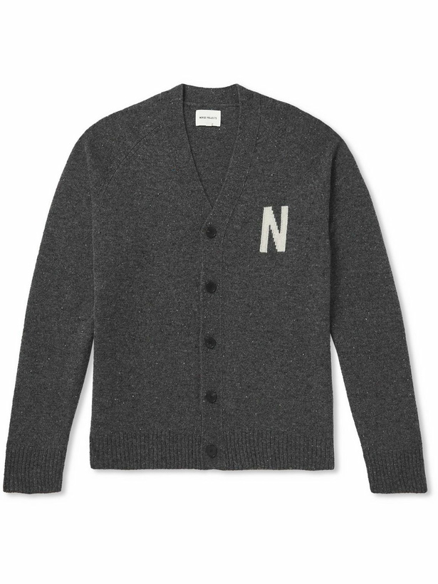 Photo: Norse Projects - Kasper Logo-Intarsia Donegal Wool Cardigan - Gray