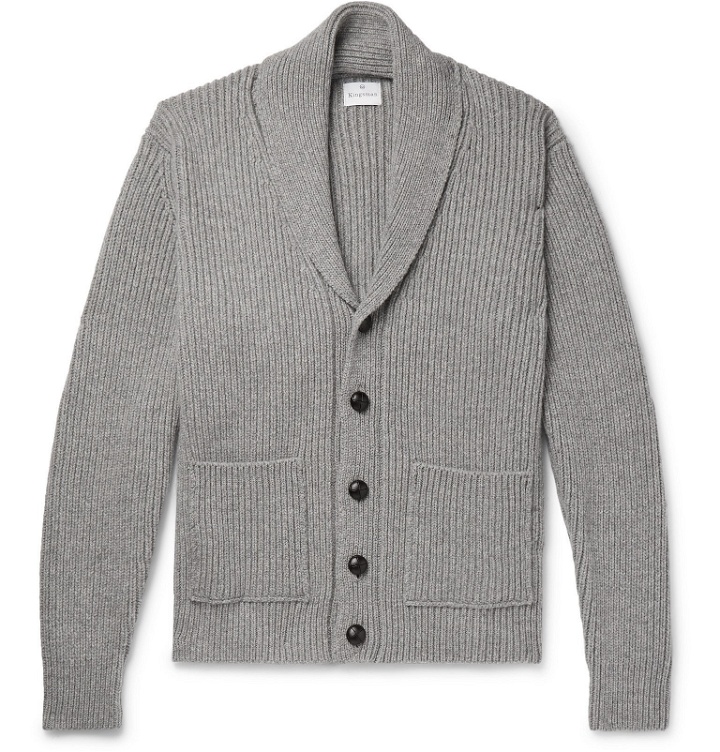 Photo: Kingsman - Shawl-Collar Ribbed Wool and Cashmere-Blend Cardigan - Gray