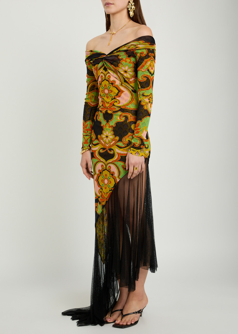 Etro Floral Print Tulle Asymmetric Mesh Maxi Dress Black