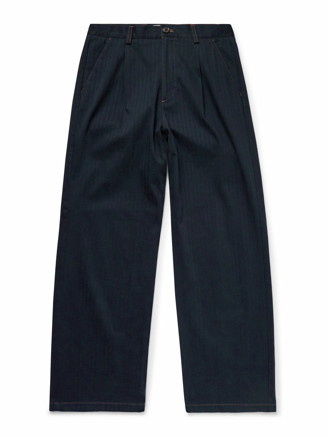 Oliver Spencer - Orsman Straight-Leg Pleated Herringbone Cotton-Blend Trousers - Blue