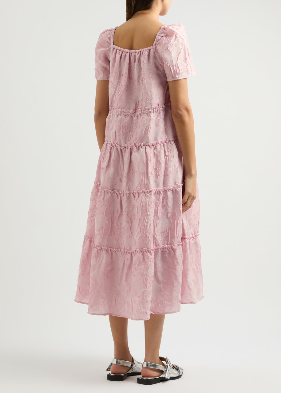 Ganni Floral-jacquard Tiered Cloqué Maxi Dress Pink