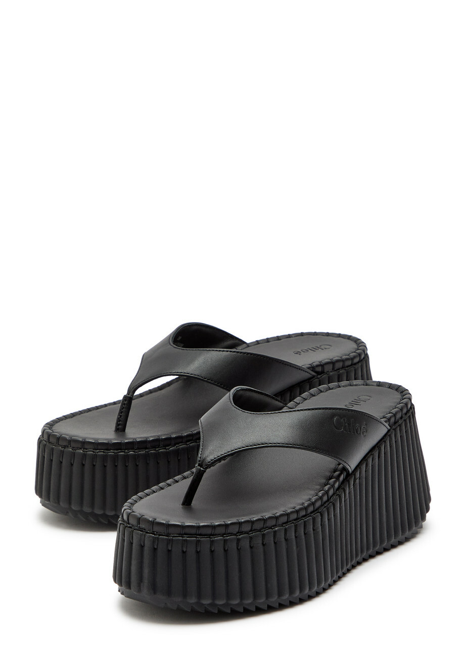 Chloe Nama 80 Thong Leather Wedge Sandals Black