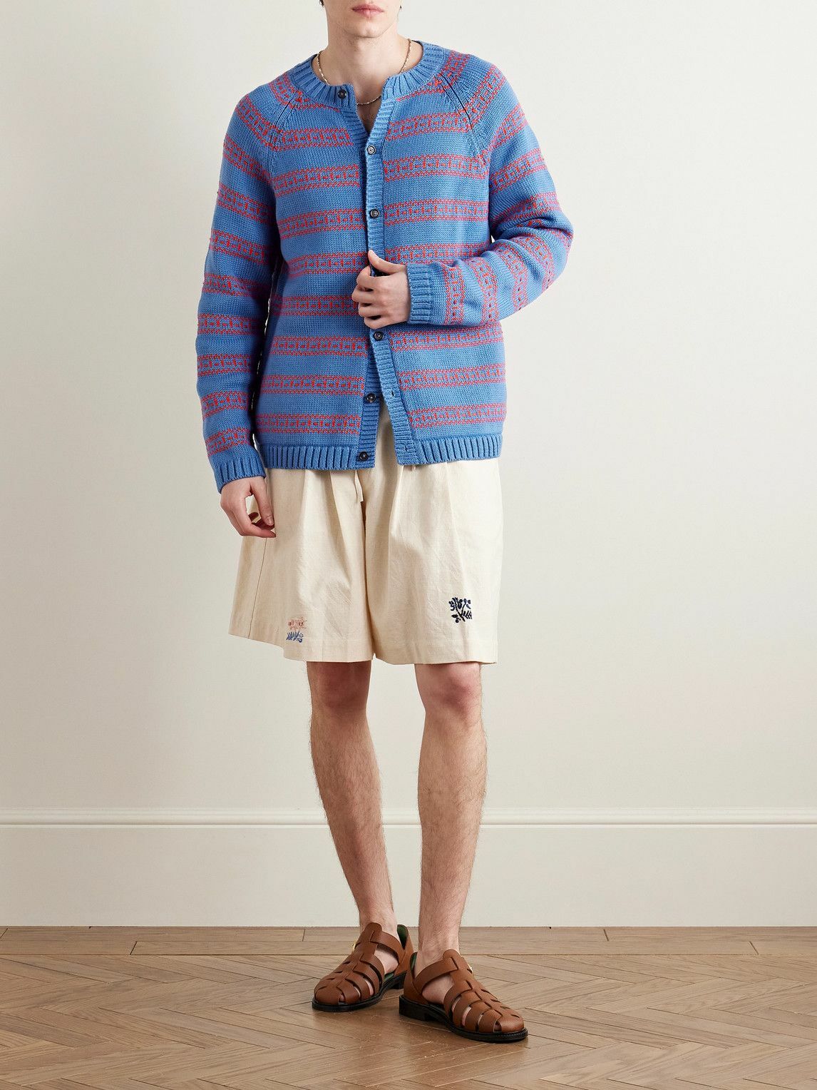 BODE - Meandering Striped Jacquard-Knit Pima Cotton and Merino Wool-Blend Cardigan - Blue