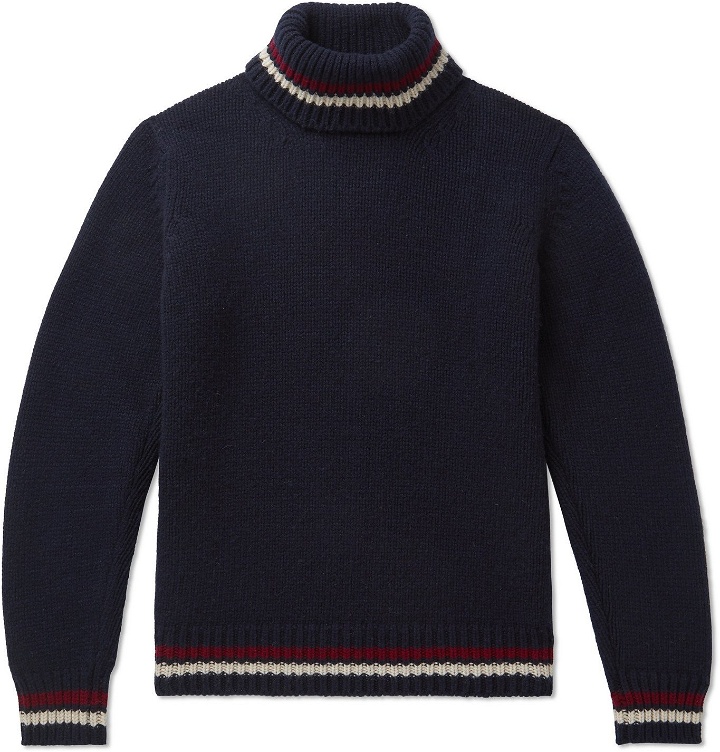 Photo: Kingsman - Slim-Fit Striped-Trimmed Wool and Cashmere-Blend Rollneck Sweater - Blue