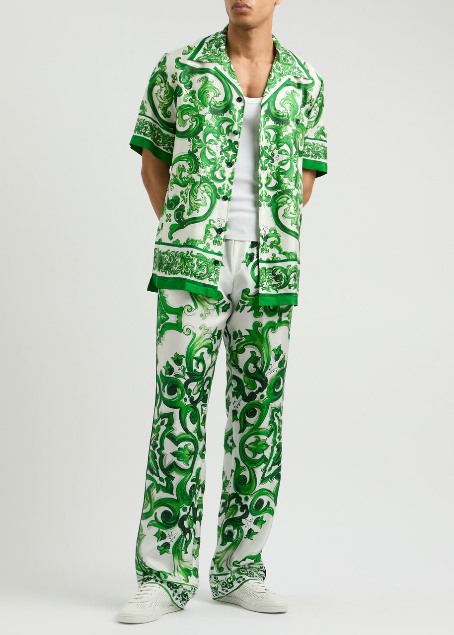 Dolce & Gabbana Majolica Printed Silk Trousers Green Dolce