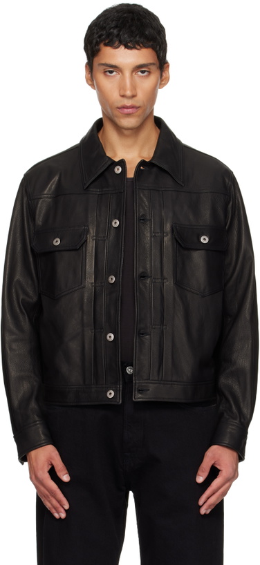 Photo: COOR Black Goat Skin Pocket Trucker Leather Jacket