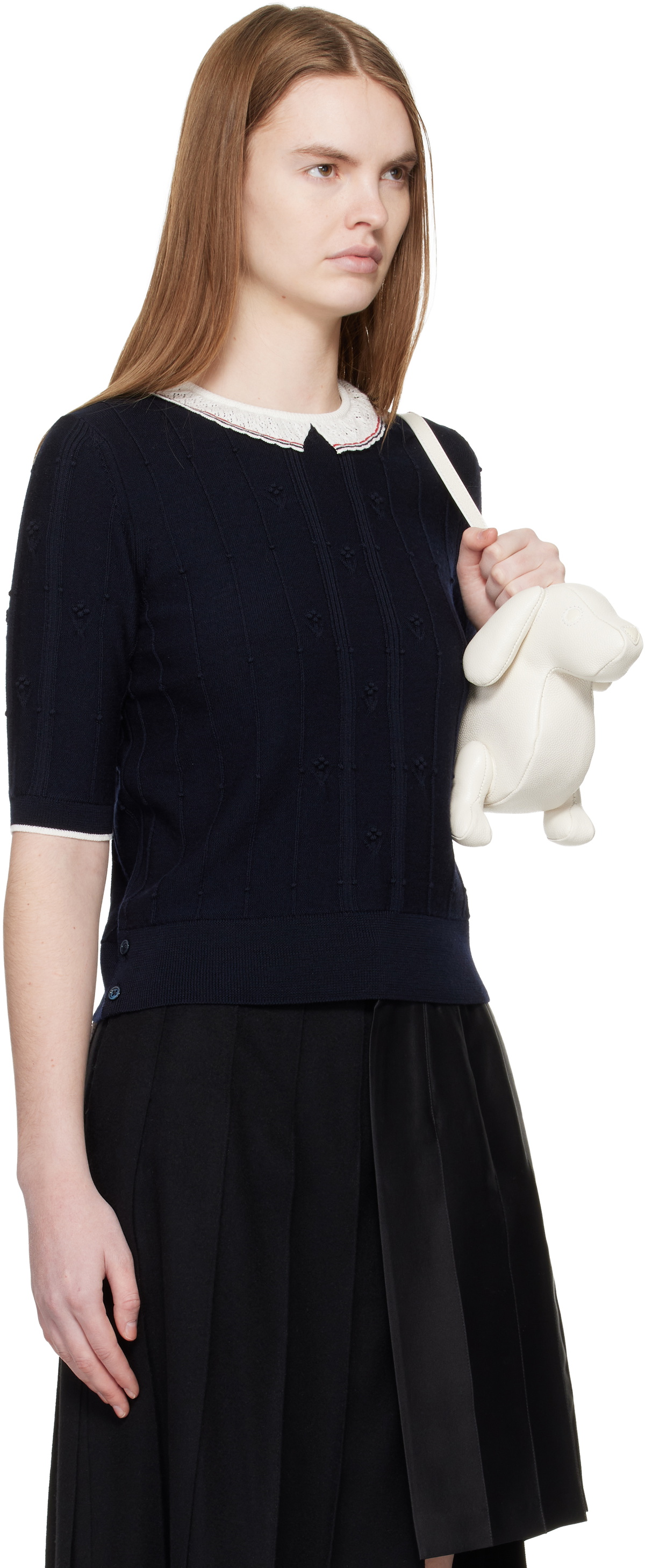Thom Browne Navy Bobble Stitch Short Sleeve Sweater
