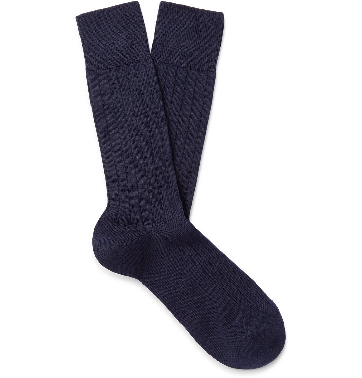 Photo: John Smedley - Omega Ribbed Cotton-Blend Socks - Blue