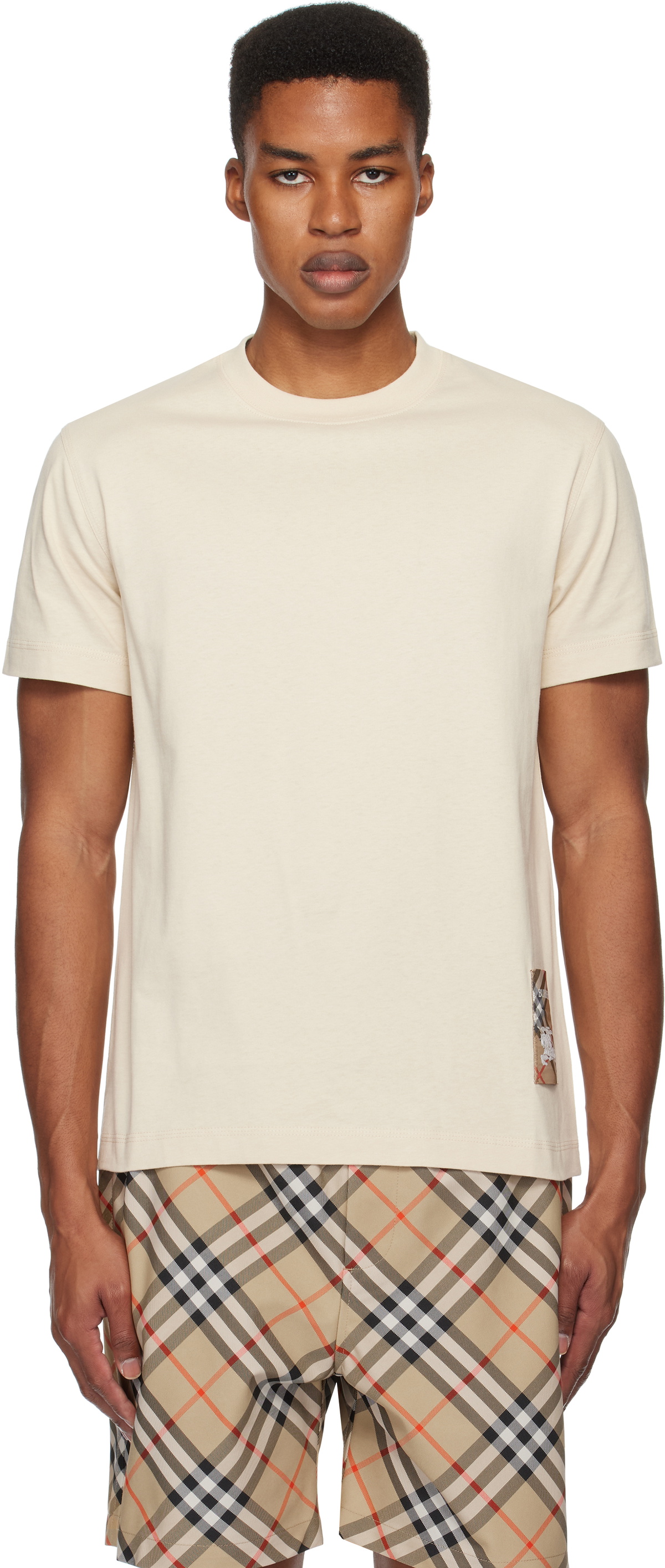 Burberry: Beige Check Label Cotton T-shirt | SSENSE