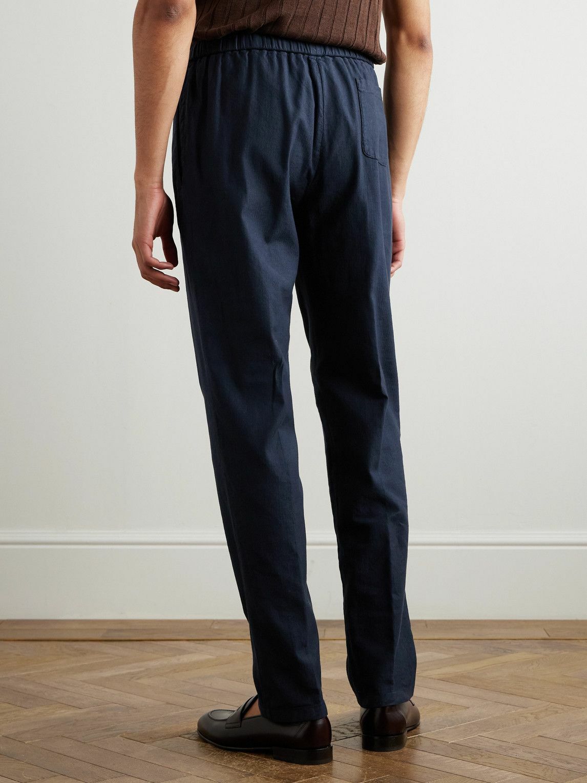 Boglioli - Tapered Herringbone Stretch Linen and Cotton-Blend Trousers - Blue