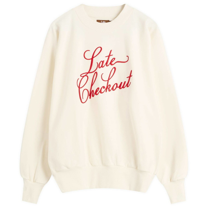 Photo: Late Checkout Men's Script Crewneck Sweatshirt in White/Red
