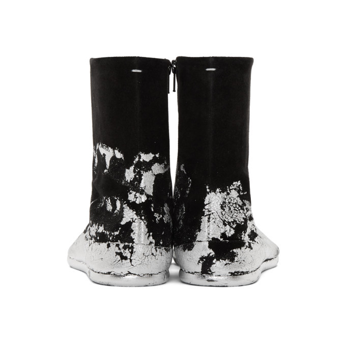 Maison Margiela Black and Silver Foil Suede Flat Tabi Boots