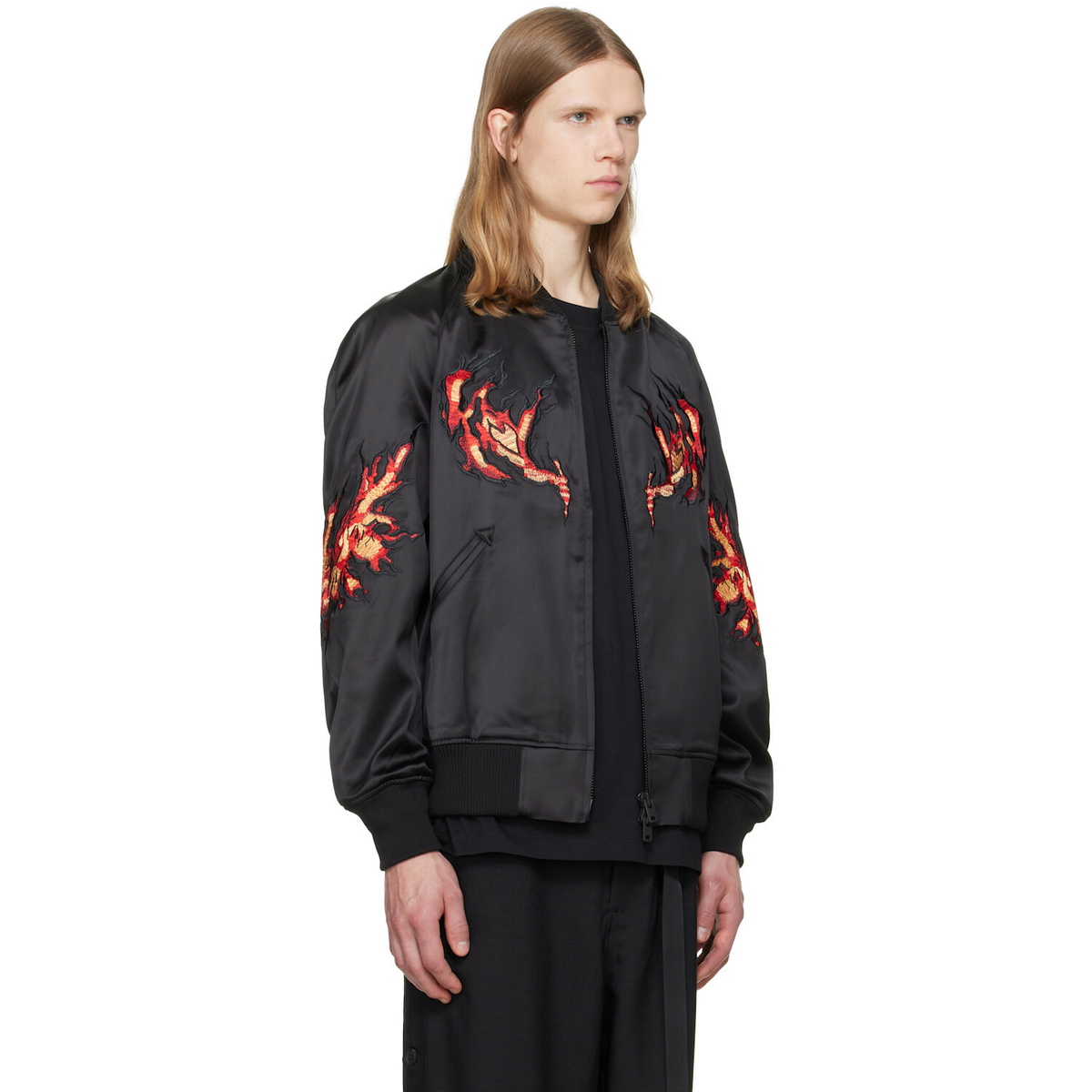Y-3 Black Embroidered Graphic Satin Souvenir Jacket
