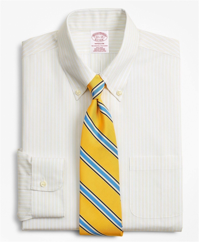 Photo: Brooks Brothers Men's Madison Relaxed-Fit Dress Shirt, Non-Iron Stripe | Light Yellow