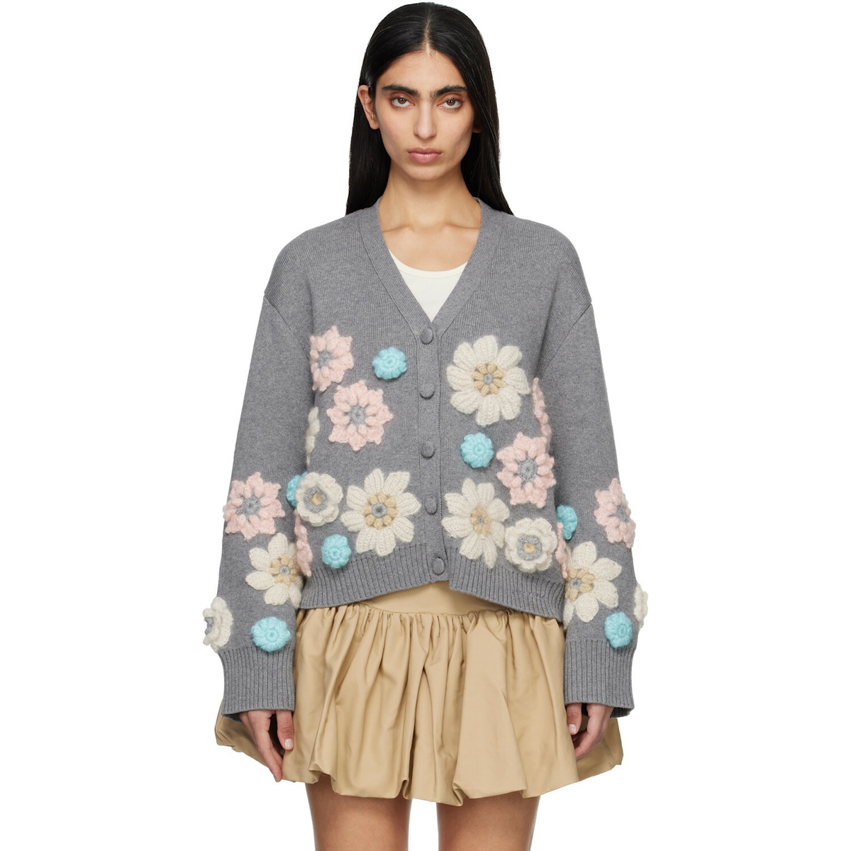 GANNI Gray Cotton Cashmere Flower Cardigan