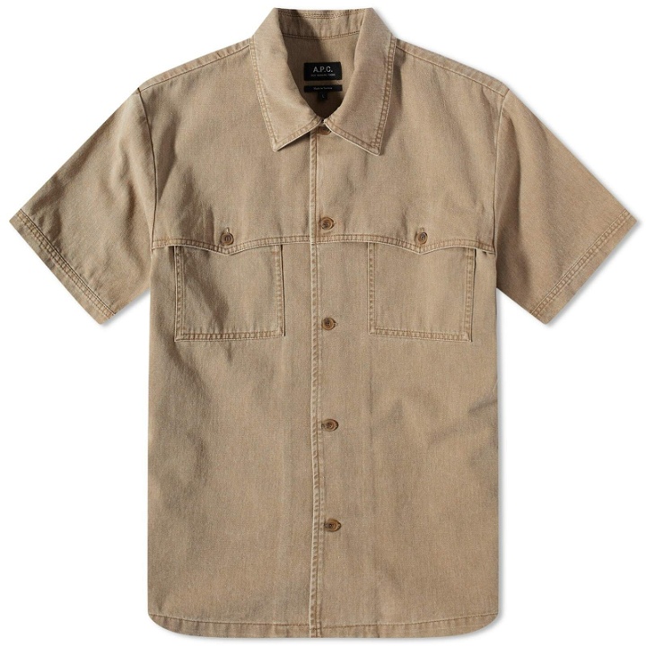 Photo: A.P.C. Men's Gilles Short Sleeve Washed Denim Shirt in Taupe